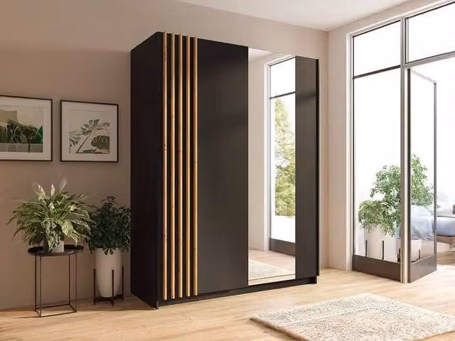 Vente-unique 2-Door Sliding Wardrobe with Mirror in Black and Natural, W: 150.6 cm, H: 198.5 cm, D: 62 cm