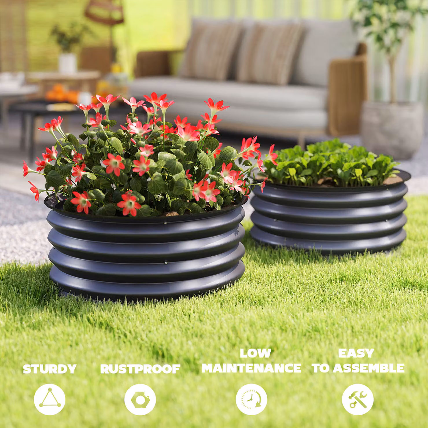 Outsunny Set of 2 Raised Garden Bed Metal Planter Boxes with Safety Edging in Dark Grey – 6