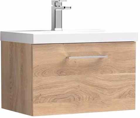 Balterley Contemporary Wall Hung Bathroom Vanity Unit with Soft-Close Drawer and Mid-Edge Ceramic Basin, Bleached Oak, W: 60.0 cm, D: 39.0 cm, H: 39.9 cm, Brown – 1