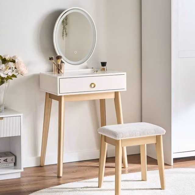 Wyld and Coco Dressing Table with LED Mirror and Stool in White and Gold – 1