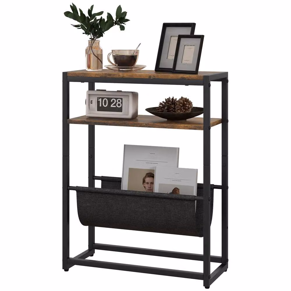 STILVORA Industrial Side Table with 3-Tier Storage in Brown and Black – 5