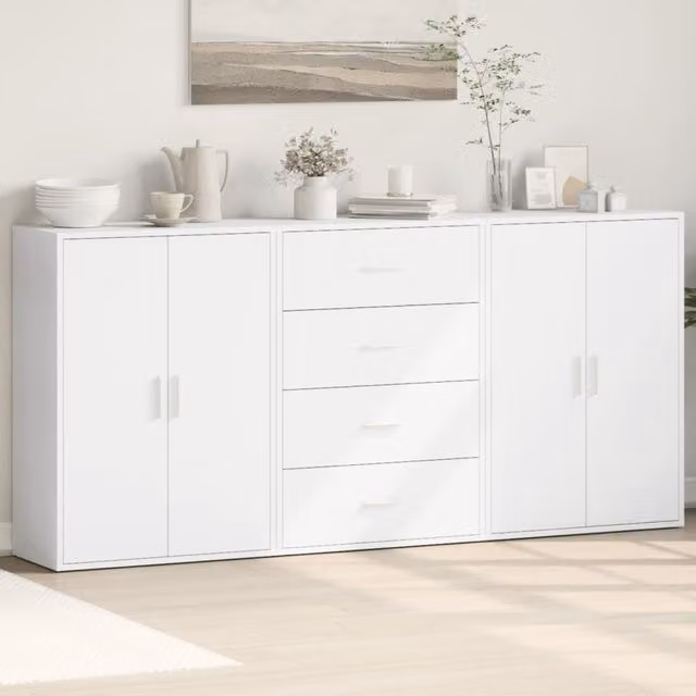 Berkfield Home Set of 3 Modern White Sideboards in Engineered Wood, W/D/H: 60 x 31 x 84 cm