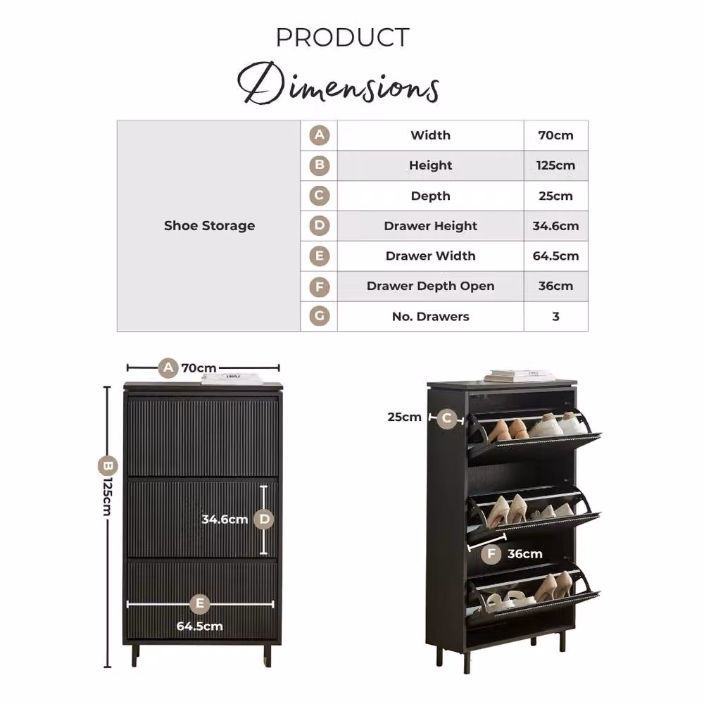 FurnitureboxUK Penrose Modern Black Wood 3 Door Shoe Storage Cabinet W/D/H: 125.0 x 70.0 x 3.0 cm – 5