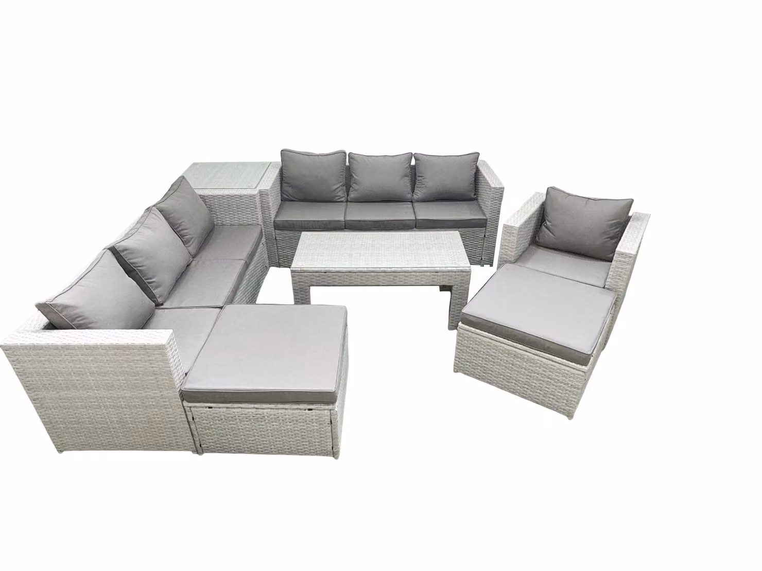 Fimous Light Grey PE Rattan Garden Furniture Set with Coffee Table, Armchair, Sofa and Footstools – 2