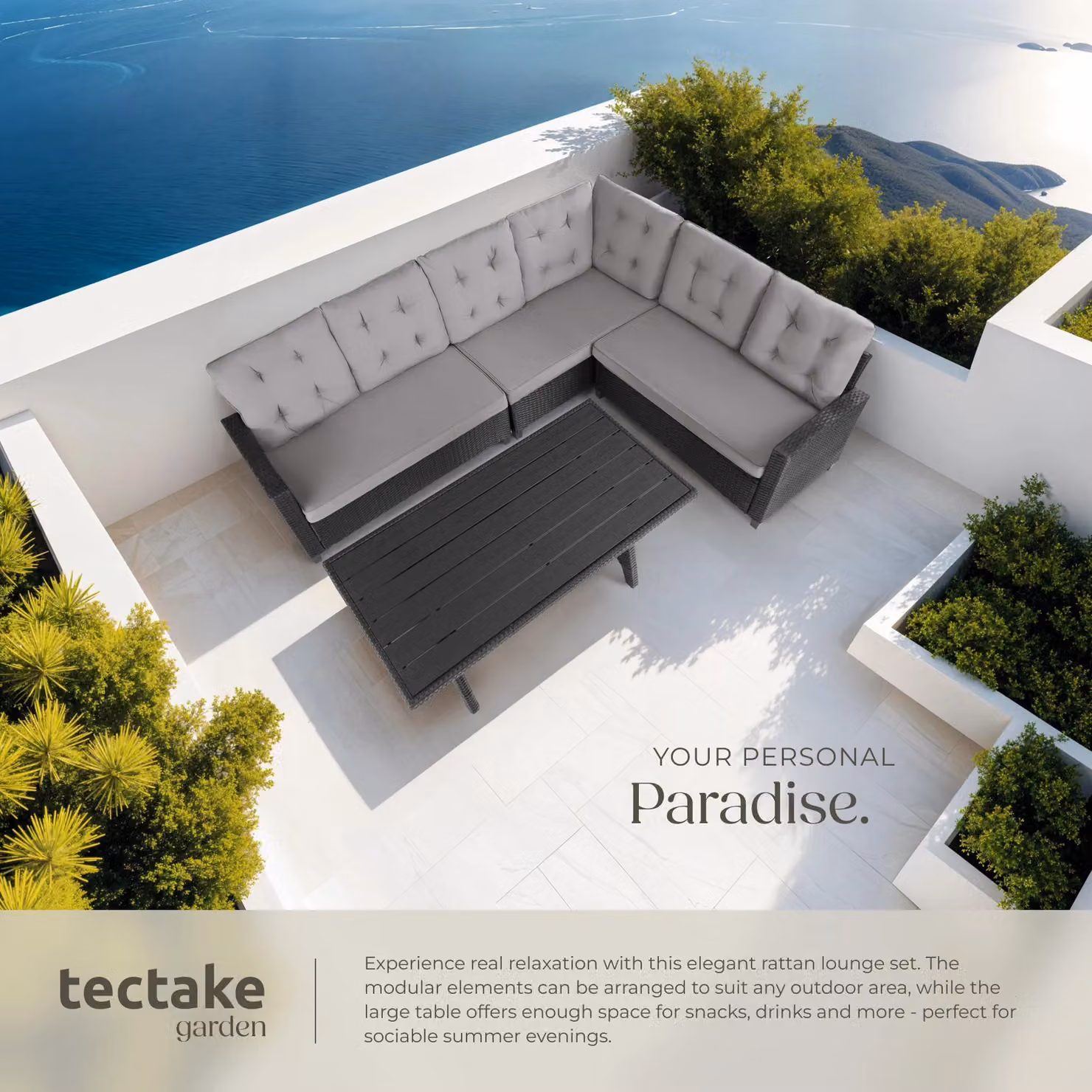 tectake Catania L-Shape Garden Furniture Set in Black and Grey Polyrattan with Upholstered Cushions – 4