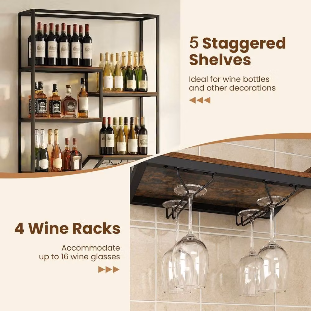 Costway 5-Tier Wall Mounted Industrial Wine Display Shelf with Glass Holders in Brown – 8