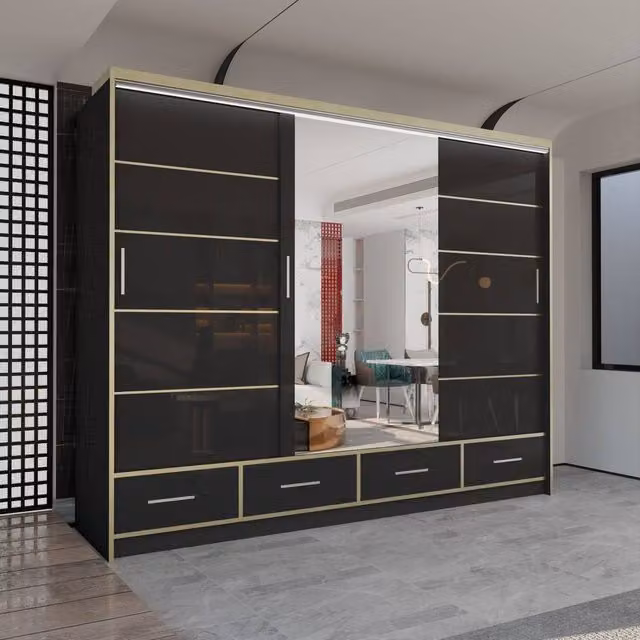 Sliding Wardrobes 4U Modern High Gloss Wardrobe with LED Lighting and Mirror Doors in Black, W/H: 253 x 220 cm