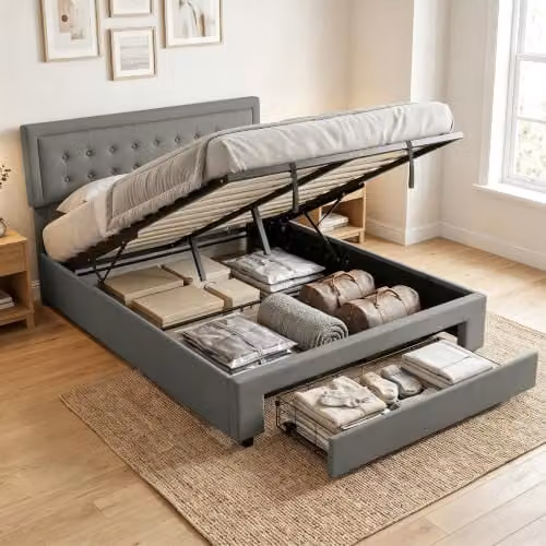 HOMCOM Upholstered Velvet Ottoman Bed with Lift Up Storage Base, Grey, W/D/H: 150 x 200 x 104 cm – 1