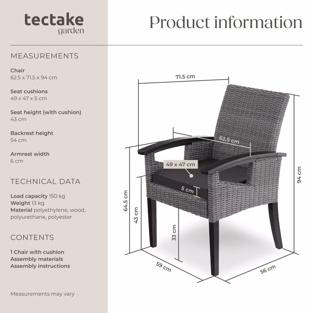 tectake Rosarno Grey 1 Seater Modern Rattan Garden Chair with Wood and Aluminium Frame – 6