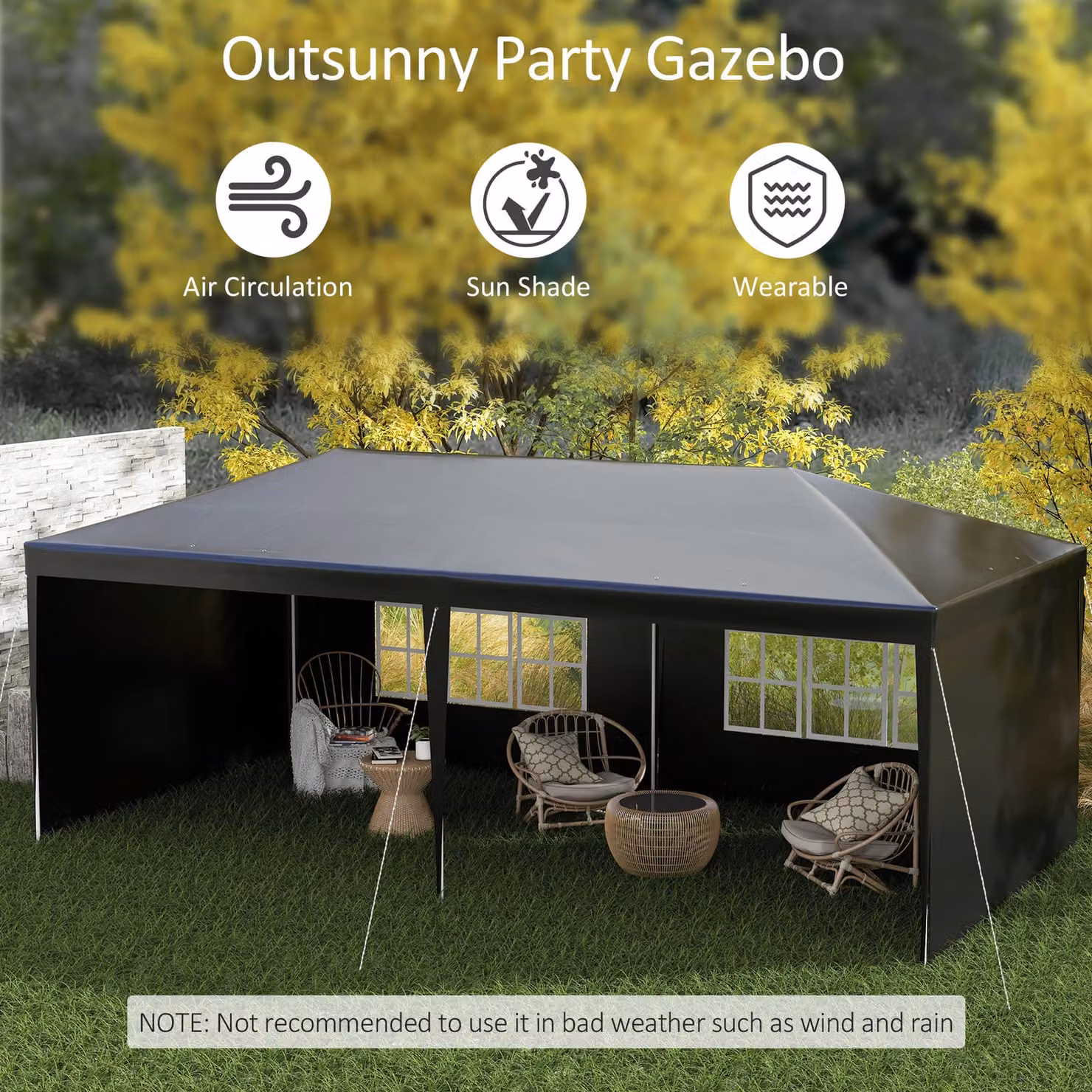 Outsunny Black Party Tent Gazebo Marquee with Windows and Side Panels, W/D/H: 600 x 300 x 255 cm – 4