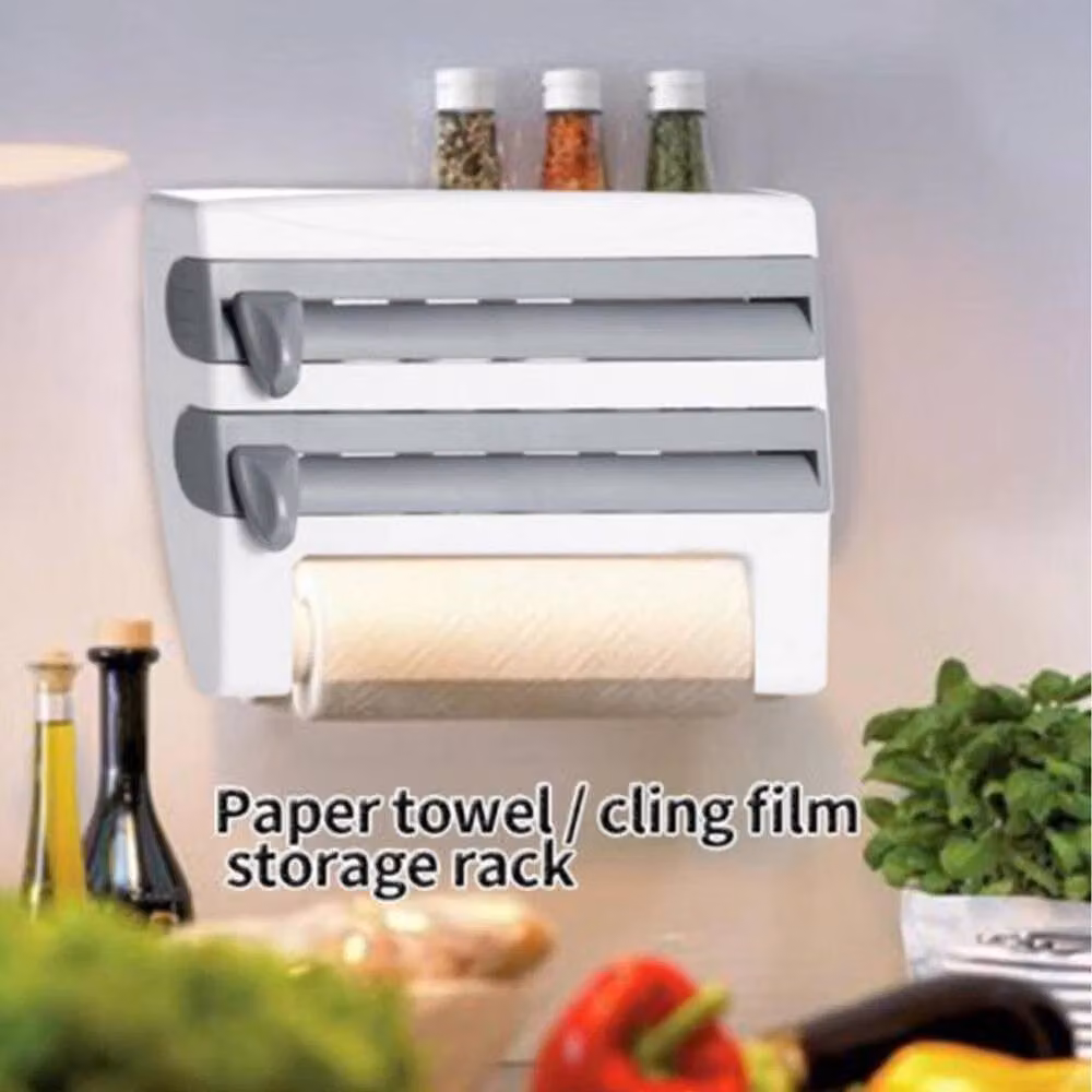 VOGREX Wall Mounted Kitchen Wrap and Paper Towel Holder with Shelf in White – 2