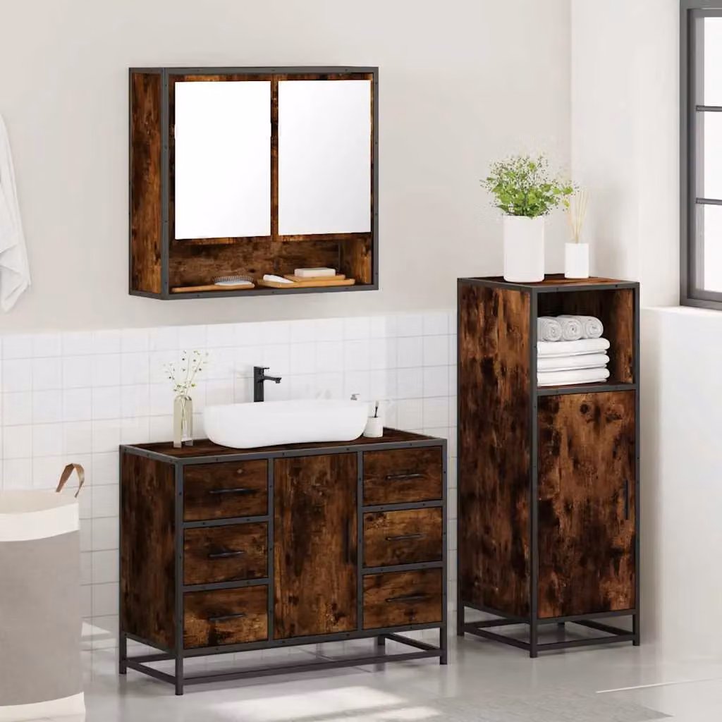 Berkfield Home 3 Piece Industrial Bathroom Furniture Set in Smoked Oak Brown – 4