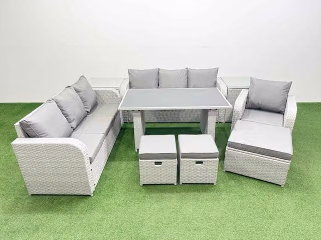 Fimous 10-Seater Patio Set with Rectangular Table, Sofa, 2 Side Tables and 3 Stools in Light Grey