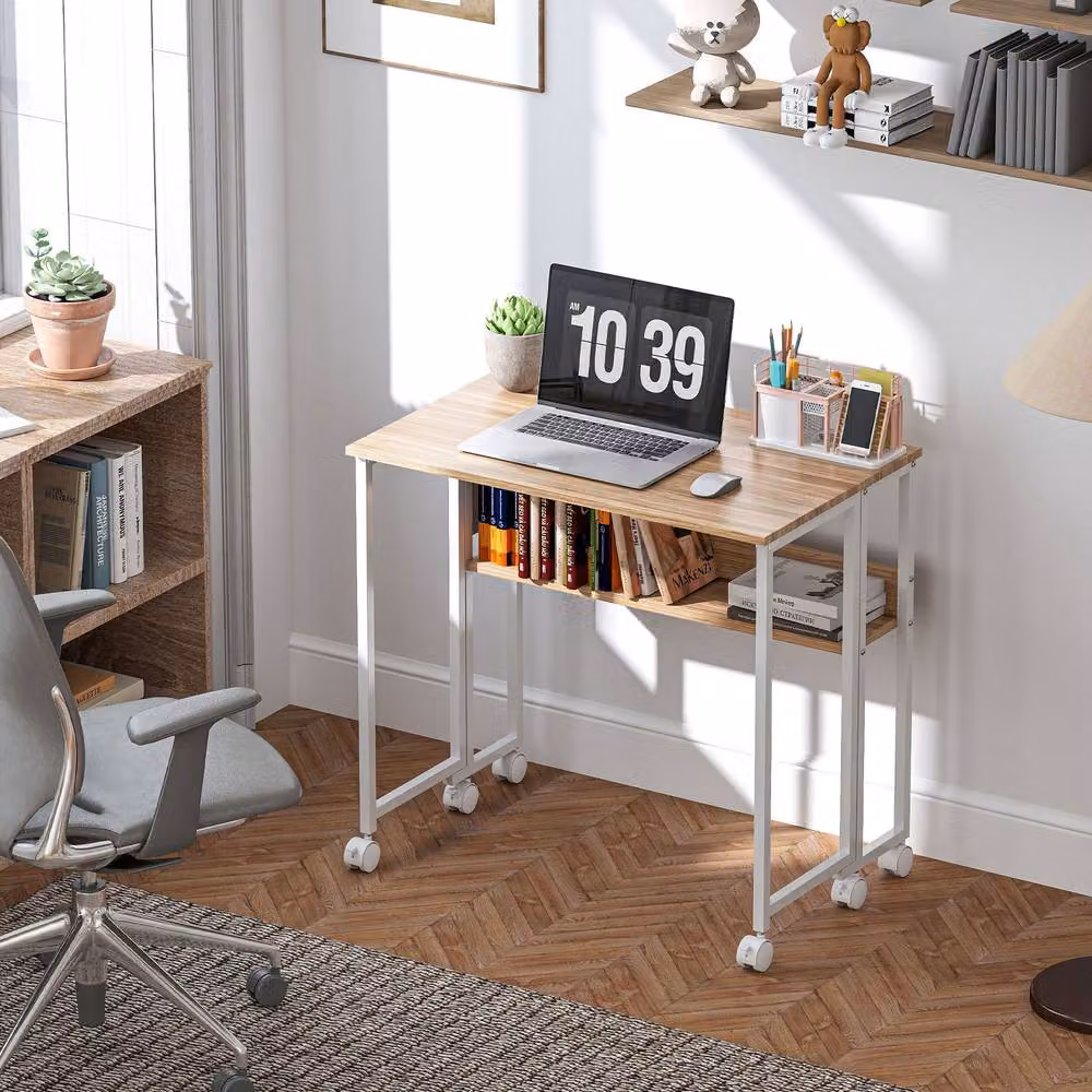 STILVORA Drop Leaf Writing Desk with Shelf and Castors in Beige and White – 2