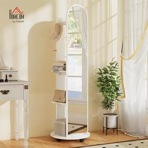 HOMCOM 2-in-1 Full Length Mirror with Storage Shelves and Wheels in White – 2