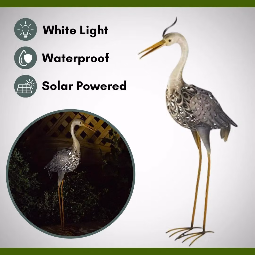 Marco Paul Large Solar Silhouette Heron Garden Ornament in Silver and Multicolour with LED Warm White Light – 4