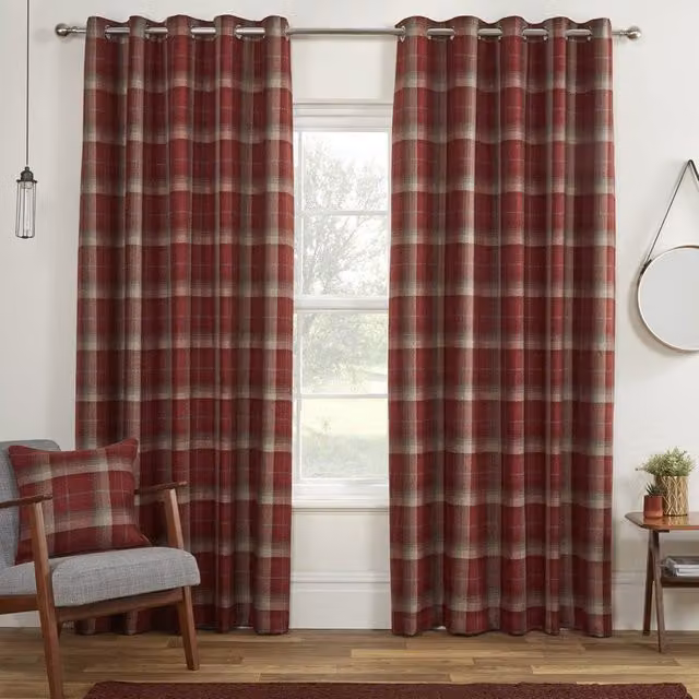 Sundour Carnoustie Checked Eyelet Blackout Curtains in Red, W: 228.6 cm, H: 137.16 cm