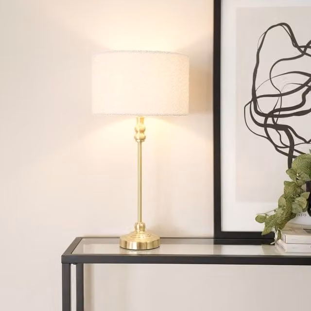 ValueLights Maggie Gold Candlestick Table Lamp with Beige Boucle Drum Shade and LED Bulb
