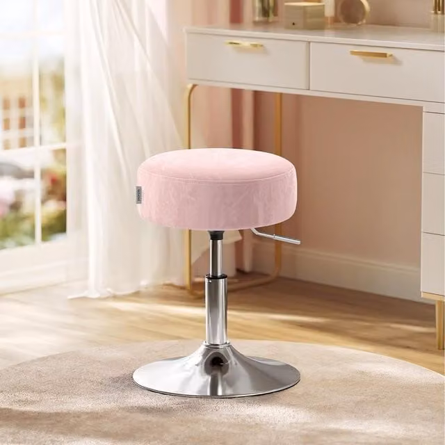 VASAGLE Height Adjustable Pink Dressing Table Stool with Metal Frame and Velvet Seat