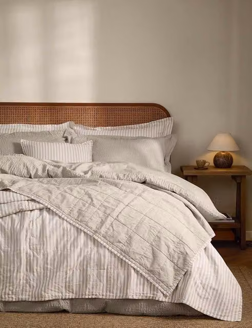 YARD Hebden Reversible Striped Quilted Cotton Bedspread in Oatmeal Beige