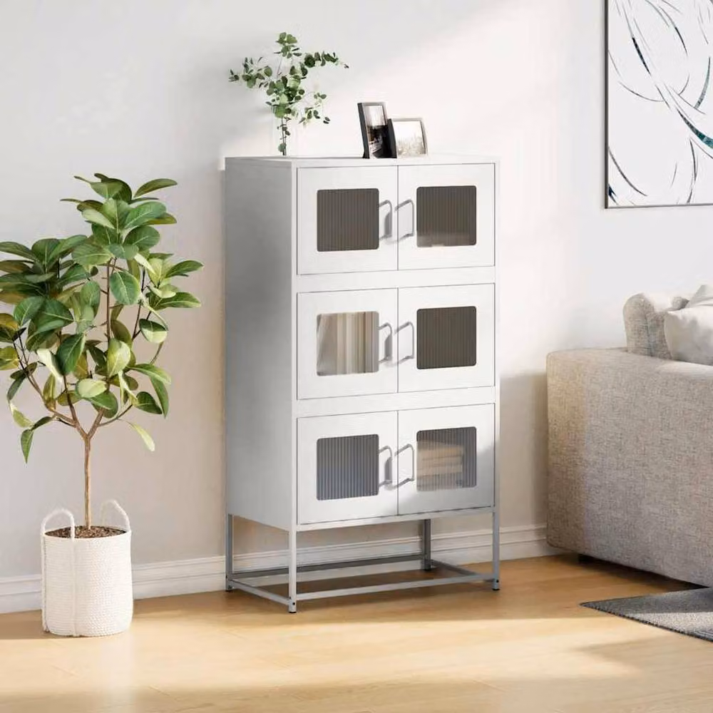 Berkfield Home White Steel Highboard with Glass Doors, W/D/H: 68 x 39 x 123 cm – 2