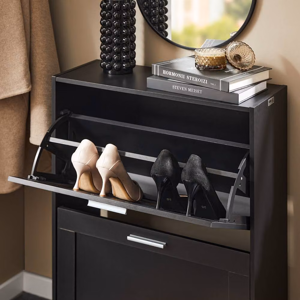 SoBuy Modern Slim Shoe Cabinet in Black with Tilting Compartments and Internal Shelves, H 80.0 x W 60.0 x D 25.0 cm – 3
