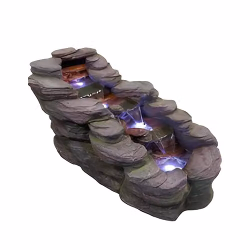 Tranquility Zen Stone Tabletop Cascade Water Feature in Beige and Grey with LED Light and Protective Cover Kit