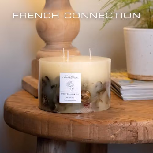 French Connection Cherry Blossom & Rose Scented Botanical Pillar Candle, White, 1.5kg – 4