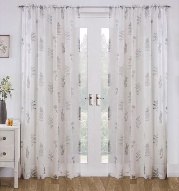 Enhanced Living Pair of Grey Bracken Leaf Print Linen-Look Sheer Voile Fabric Panels, Width: 183 cm
