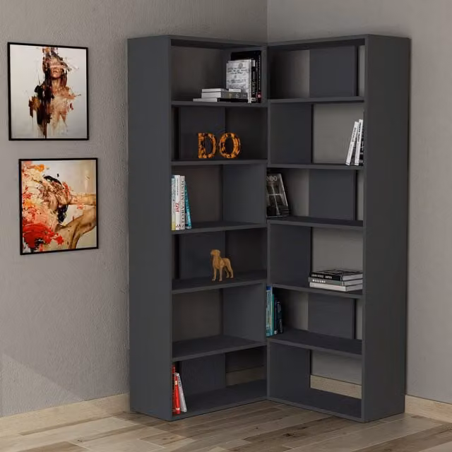 Decortie Molly Modern Corner Multipurpose Bookcase Unit No.4 in Anthracite Grey Matt, W/D/H: 179 x 30 x 5 cm
