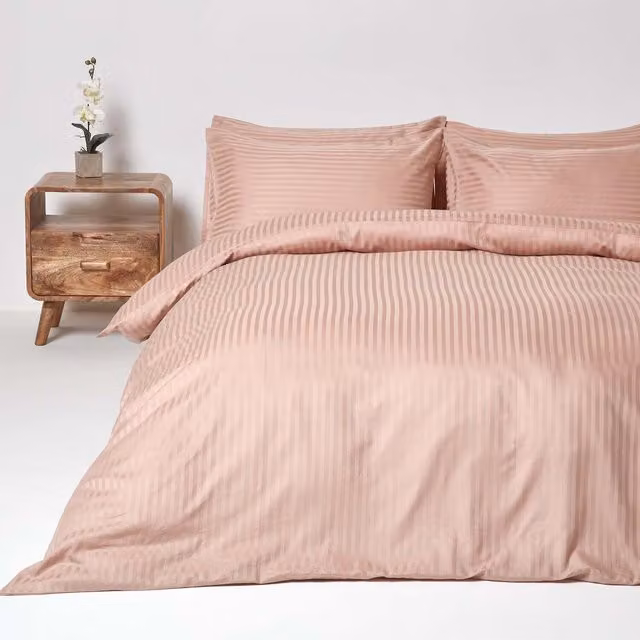 Homescapes Satin Stripe Egyptian Combed Cotton Duvet Cover and Pillowcase Set, Brown and Pink, 200 x 200 cm