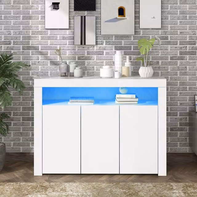 Aosom.UK Modern High Gloss 3-Door Sideboard Cabinet with LED Lights, White, W/D/H: 130 x 35 x 95 cm