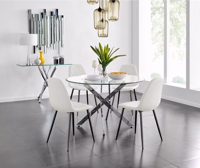 FurnitureboxUK Novara Round Glass Dining Table and Four Corona Faux Leather Chairs in White and Black, Diameter: 120 cm