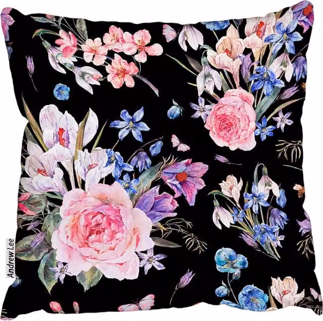 Andrew Lee Pink Roses and Blue Wildflowers Floral Square Cushion, Pink and Blue, W/D/H: 60 x 60 x 1 cm