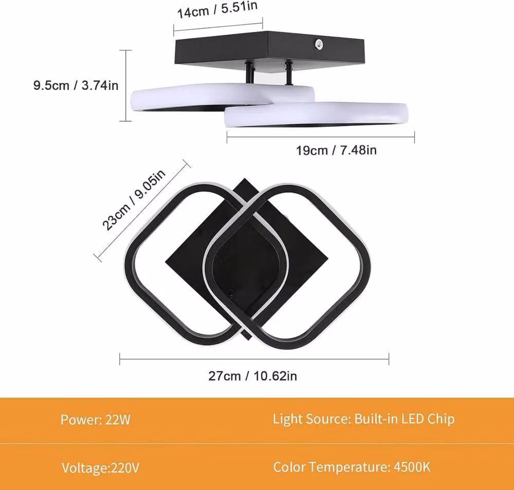 Goeco Modern LED Ceiling Light, 22W Aluminium Square Ceiling Lamp, Black, 4500K – 3