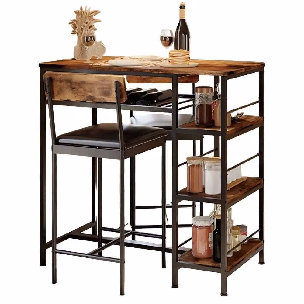 VOGREX 3-Piece Dining Table Set with 2 Upholstered Bar Stools in Brown – 6