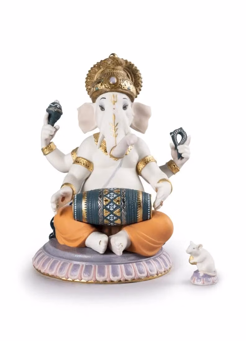 Lladró Mridangam Ganesha Limited Edition White Porcelain Figurine