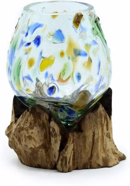 KDMD Multicolour Handcrafted Round Molten Glass and Wood Tabletop Bowl – 1