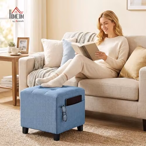 HOMCOM Square Fabric Ottoman Footstool with Side Pocket in Blue, W/D/H: 35 x 35 x 35 cm – 2
