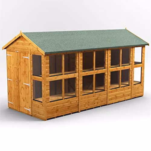 POWER Premium Apex Wooden Potting Shed with Double Doors and Toughened Glass in Brown