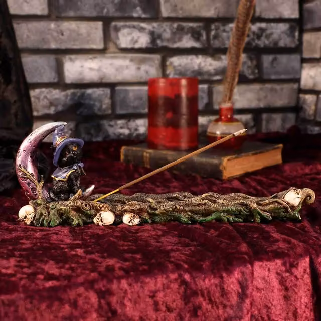 Nemesis Now Grimalkin Witches Familiar Crescent Moon Incense Burner in Purple, Brown and Black