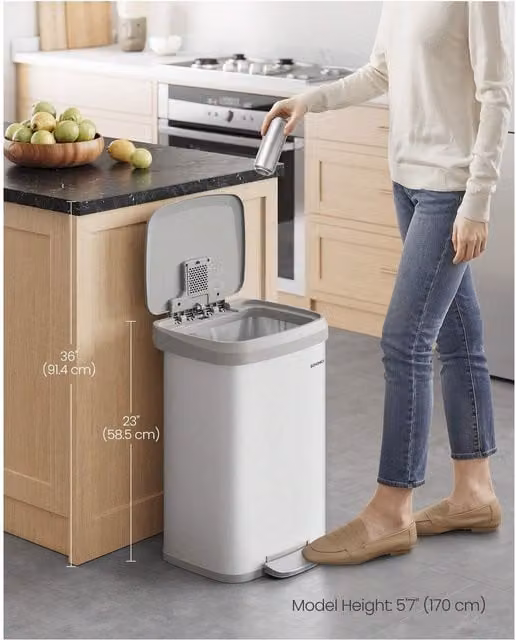 SONGMICS 50L Metal Pedal Kitchen Bin with Soft Close Lid and Odour Filter, White and Grey