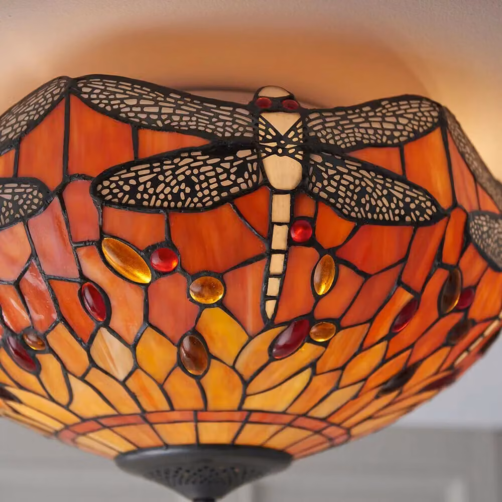 Loops Tiffany Glass Semi Flush Ceiling Light with Dragonfly Inverted Shade in Clear and Bronze – 3
