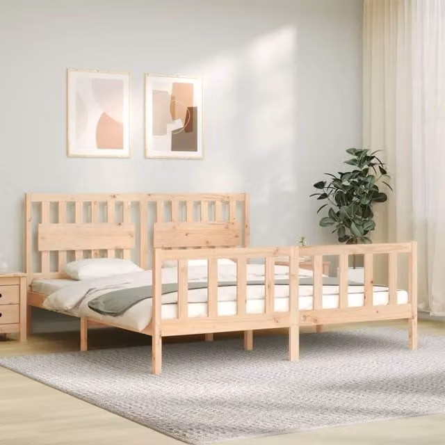 Berkfield Home Super King Size Solid Pine Wood Bed Frame with Headboard in Brown