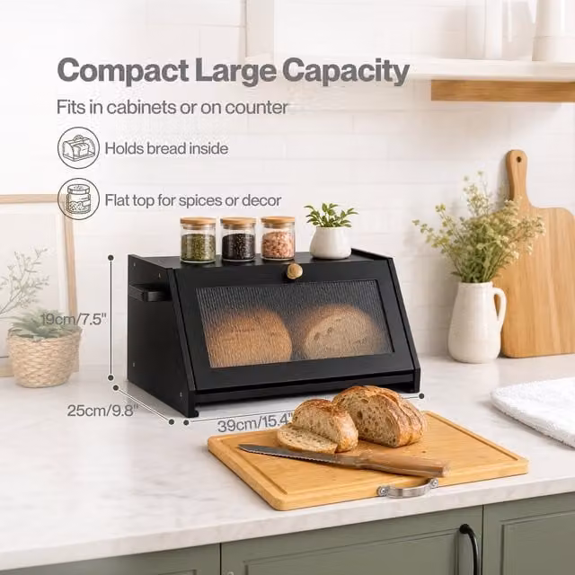 Toque 2-Tier Bamboo Bread Box with Cutting Board Lid, Black