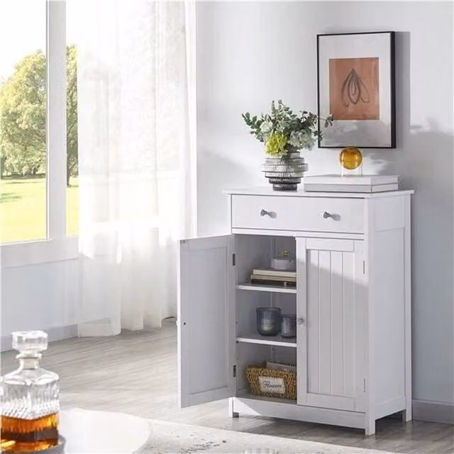 KORVIXA White Freestanding Bathroom Floor Cabinet with 1 Drawer and 2 Hinged Doors