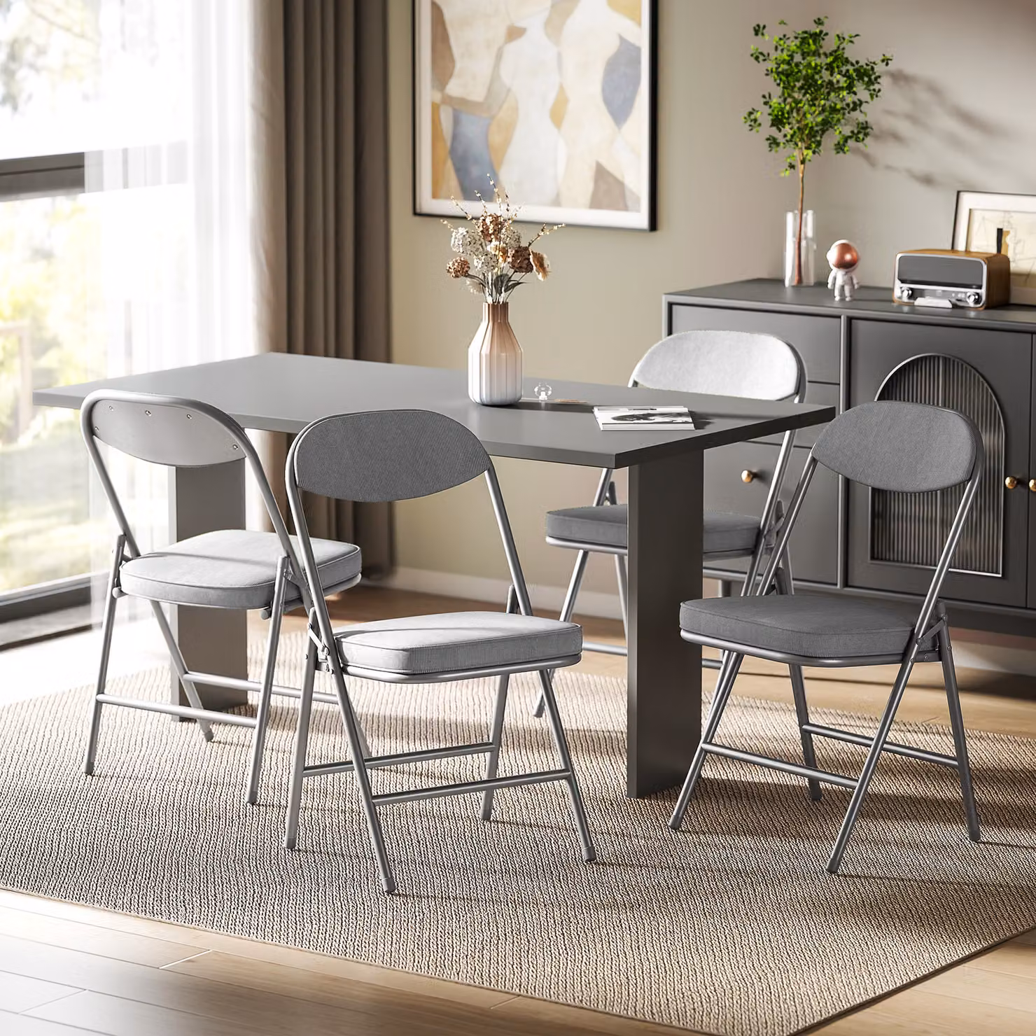 HOMCOM Set of Four Folding Corduroy Seat Chairs in Grey – 2