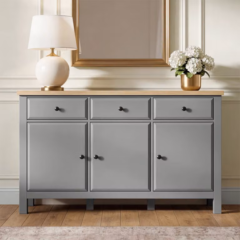 DHS Modern Grey and Black Sideboard with Oak Top and Metal Accents, W/D/H: 135 x 43 x 81 cm