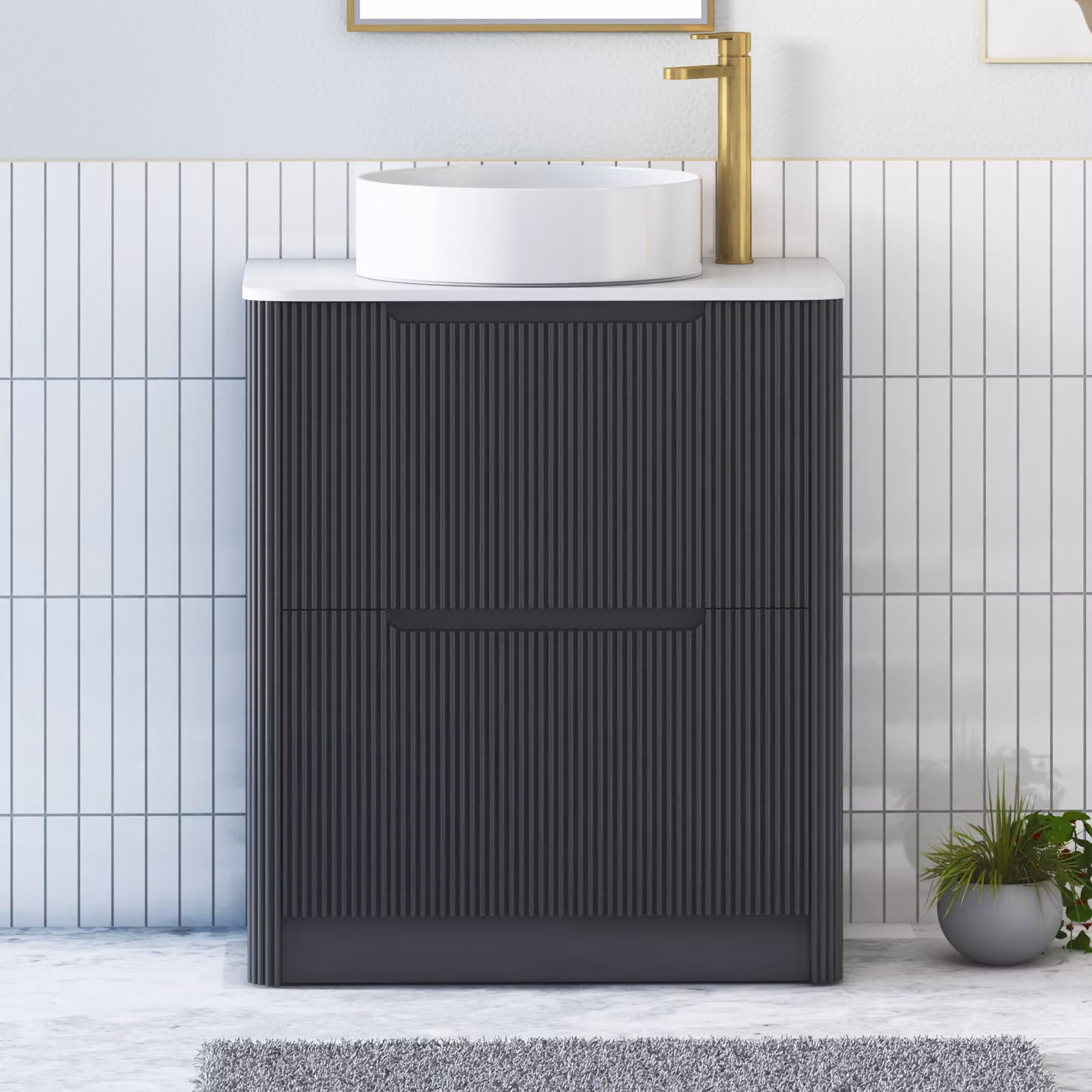 Royal Bathrooms Avenza 700mm Matt Obsidian Black Floor Standing 2 Drawer Vanity Unit with Plain White Worktop and Art Round Basin