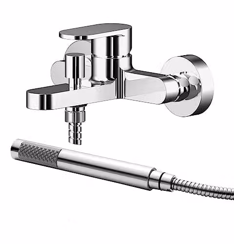 nuie BIN316 Binsey Modern Round Wall Mounted Bath Filler Tap with Single Lever Handles and Shower Kit, Chrome
